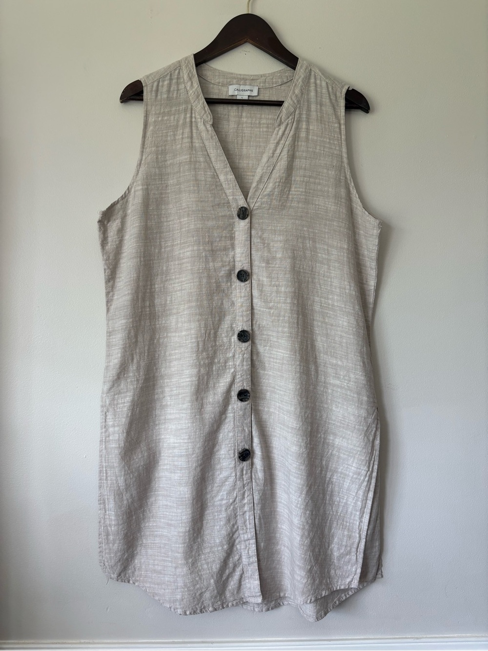 Calligraphie Beige Linen Blend Dress Size Large Lagenlook Tunic Beach Coastal